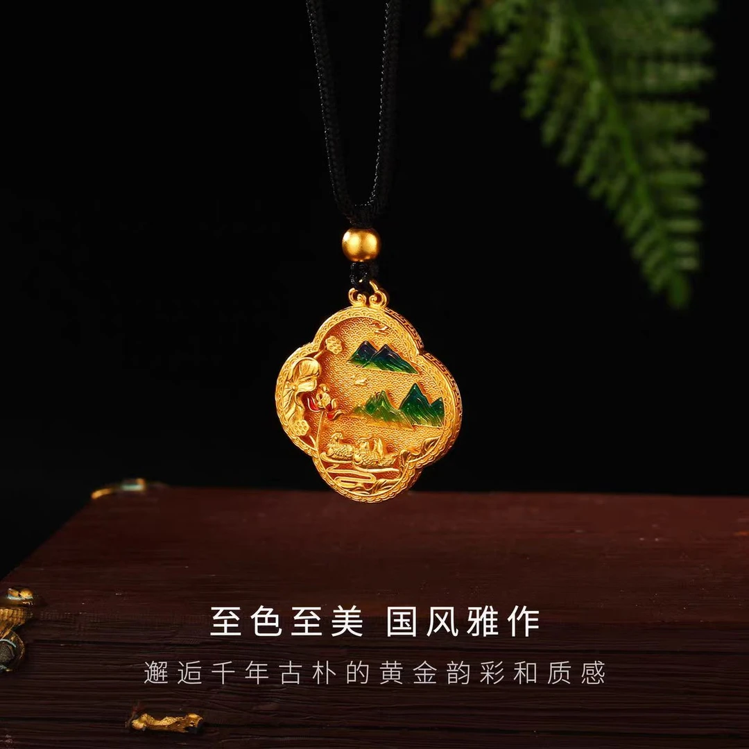 吊坠足银珐琅 福牌千里江山足银吊坠古法传承鸳鸯项链珐琅新款