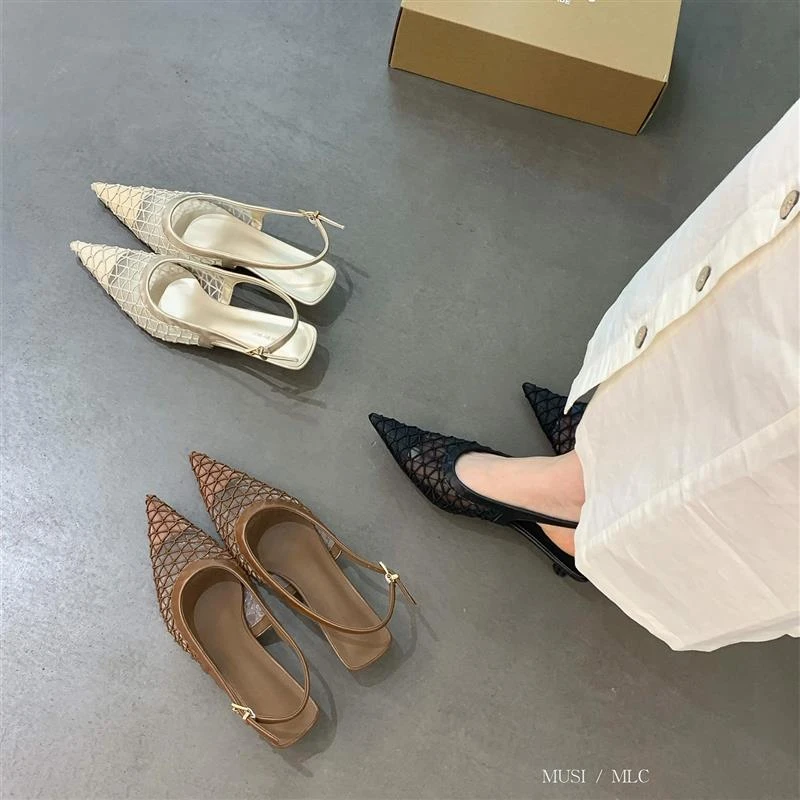 法式小猫跟高跟网纱透气包头凉鞋女鞋子2025新款夏季编织尖头单鞋