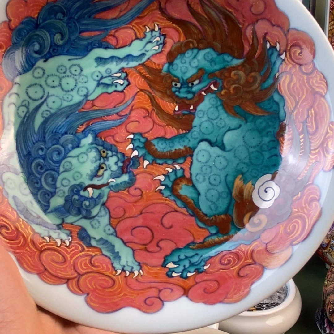 揽***a手工手绘斗彩双狮盘
