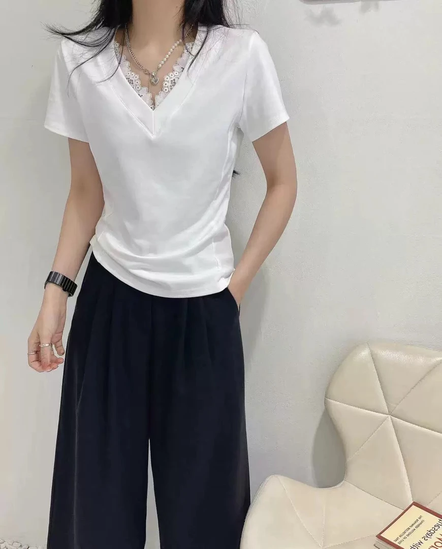 设计感小众正肩T恤女短袖2025年夏季新款蕾丝拼接V领小衫显瘦上衣