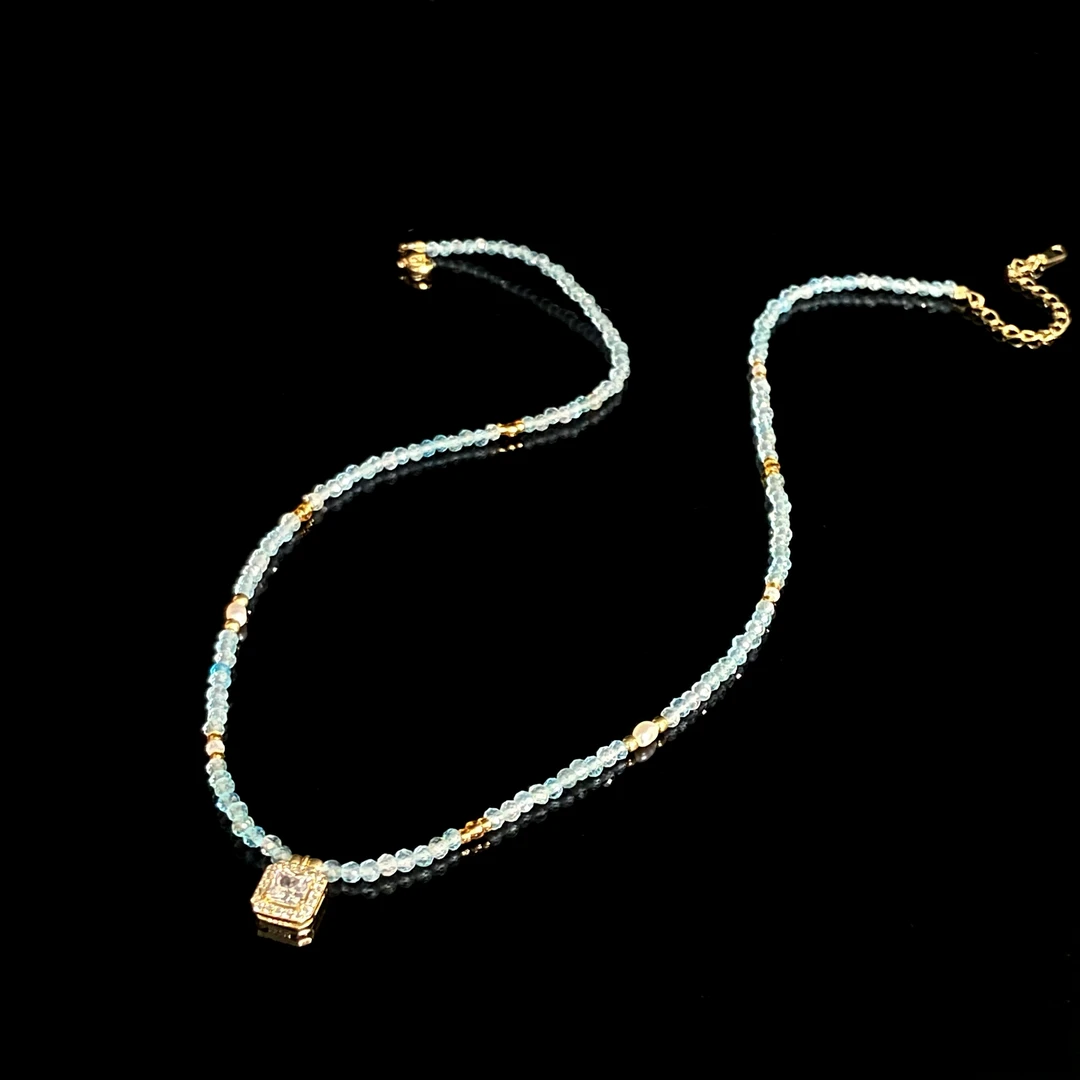 坠链均925银仿水晶 镀K金  韩风ins 海盐蓝小方糖 项链X7364