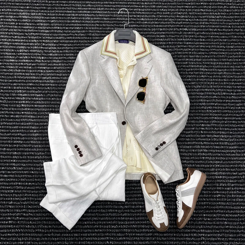 CssuGent那不勒斯皇后100%亚麻无结构半里衬西服男休闲春夏西装潮