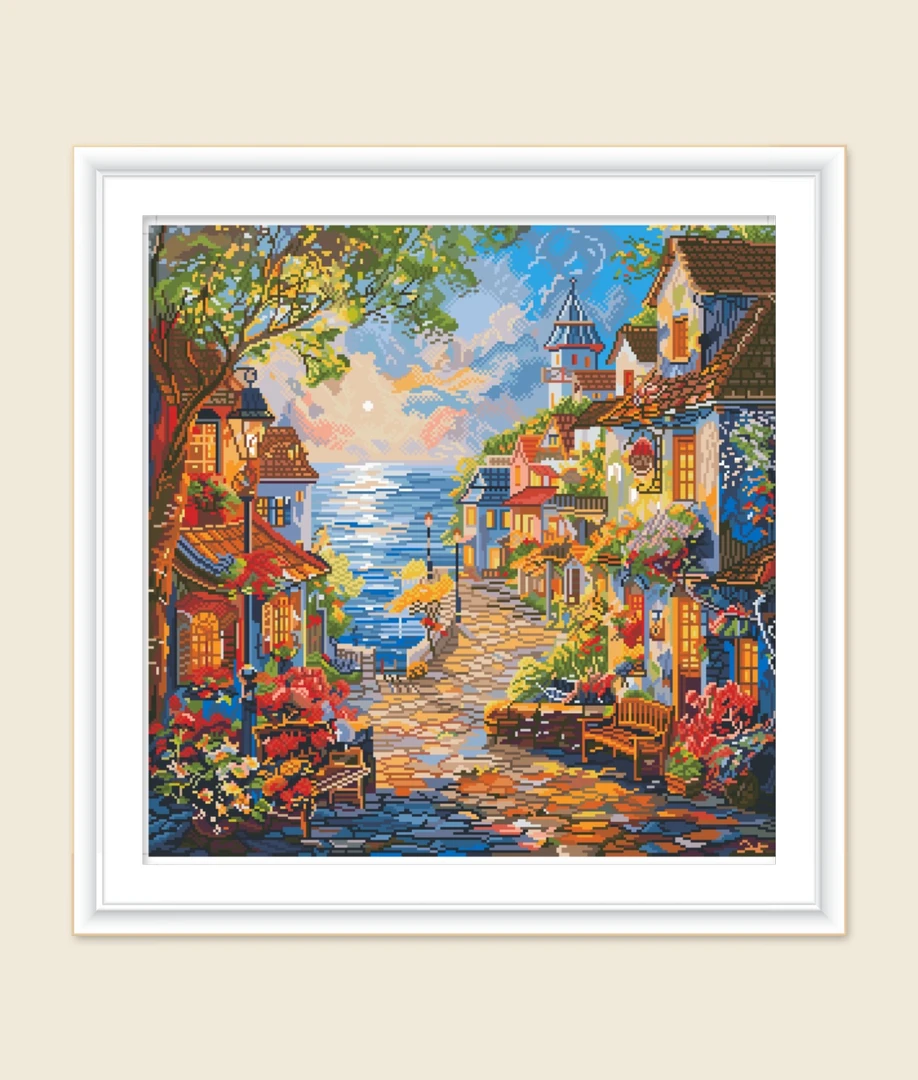 金丝布*海边小屋80*80大格四股线绣 金丝布（印花清晰）