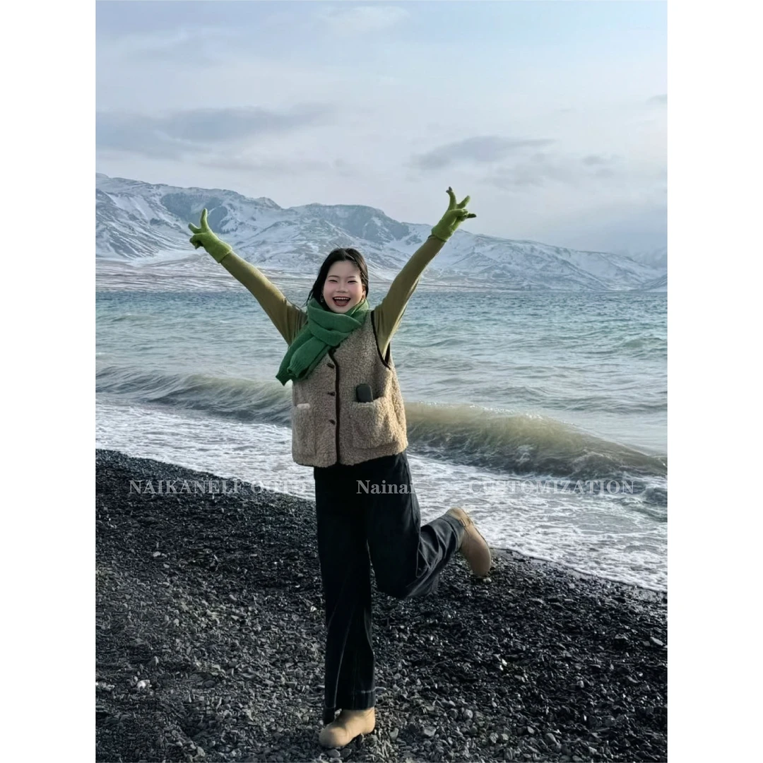 奈看小个子【小暖炉】单排扣羊羔毛秋冬撞色马甲气质毛毛外套