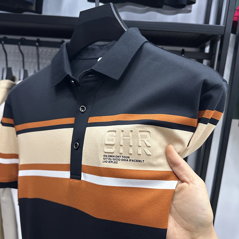 ZaSaFran休闲条纹短袖polo衫男士冰丝光棉翻领t恤宽松大码男装