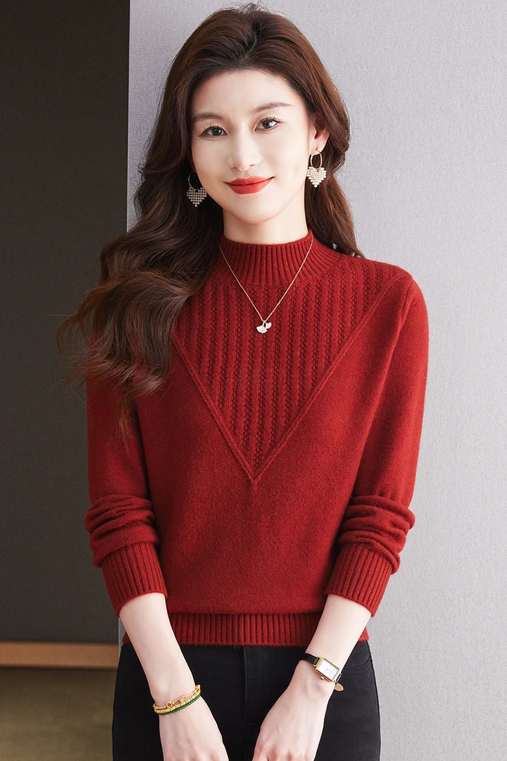 2024新款冬季女士半高领毛衣加厚保暖洋气显瘦打底气质纯色宽松