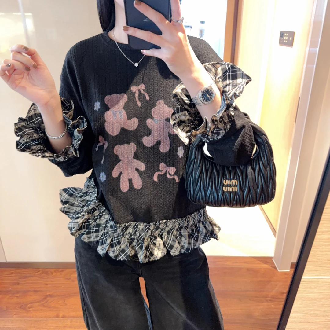 【张静芝】韩国新品~卡通小熊印花格纹拼接卫衣