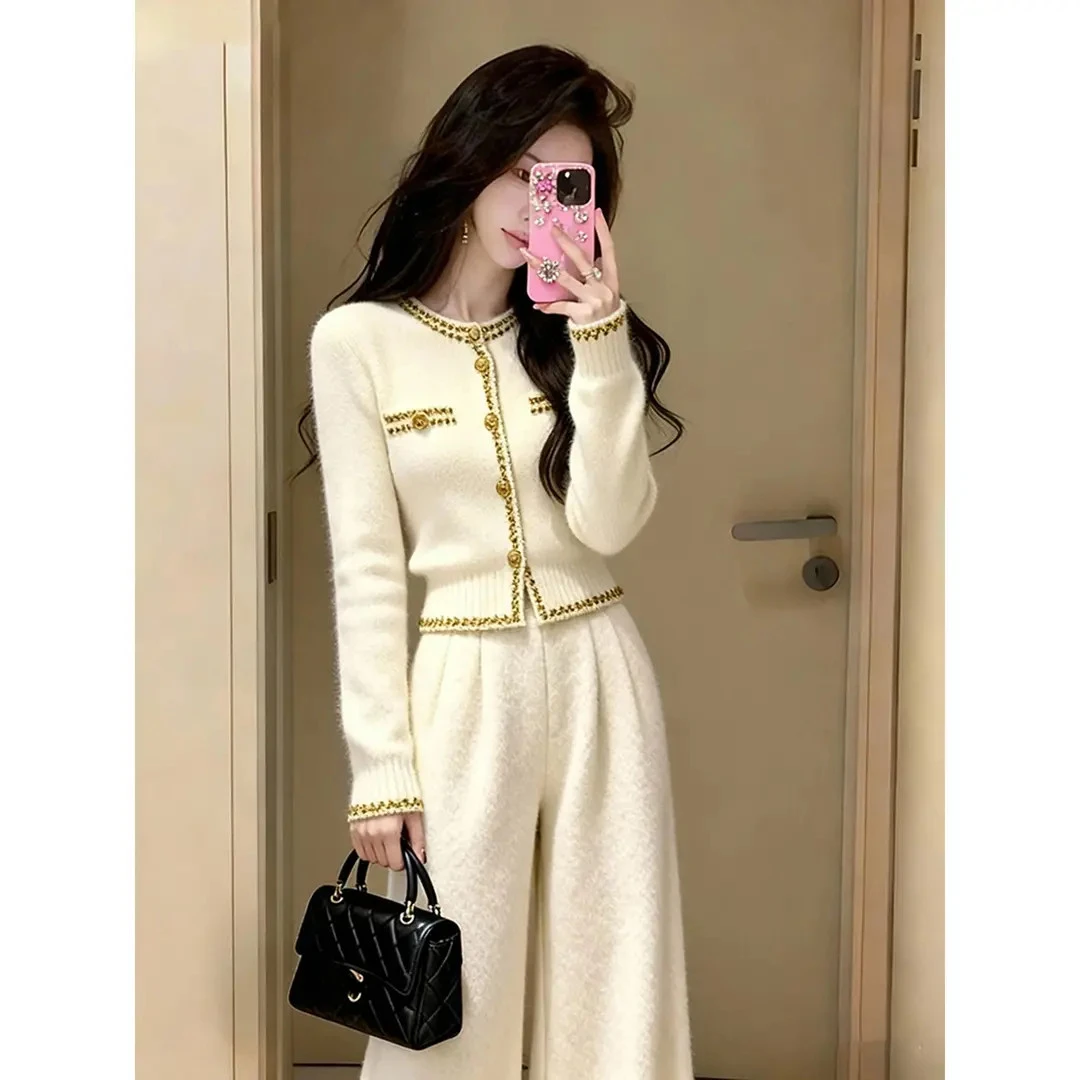 巨好看冬装一整套高端精致气质小香风大方得体白色毛衣阔腿裤套装