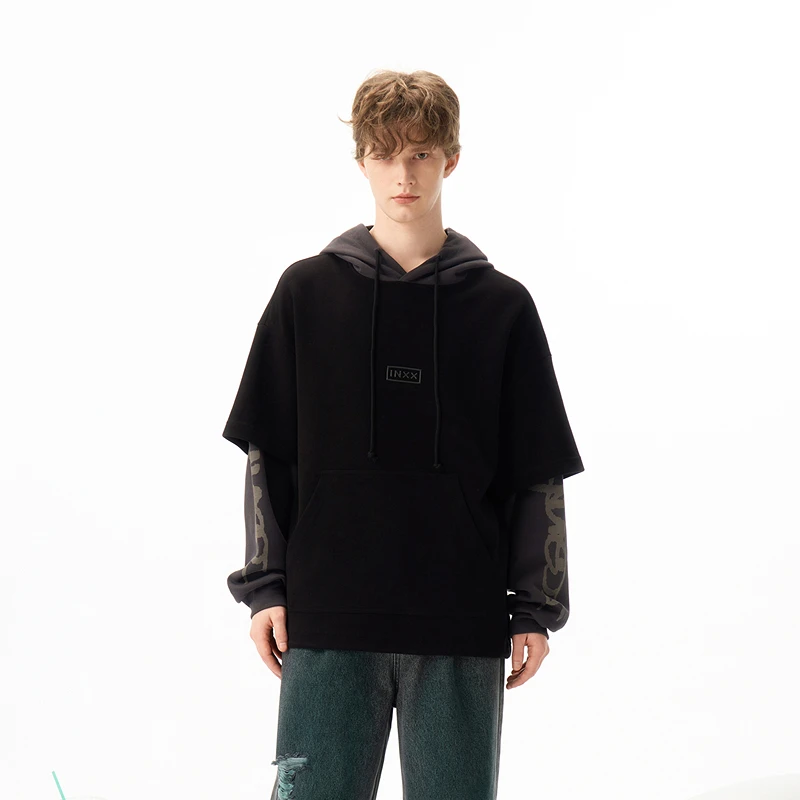 【INXX】潮牌假两件连帽卫衣字母印花拔色上衣男女同款XRF1100553