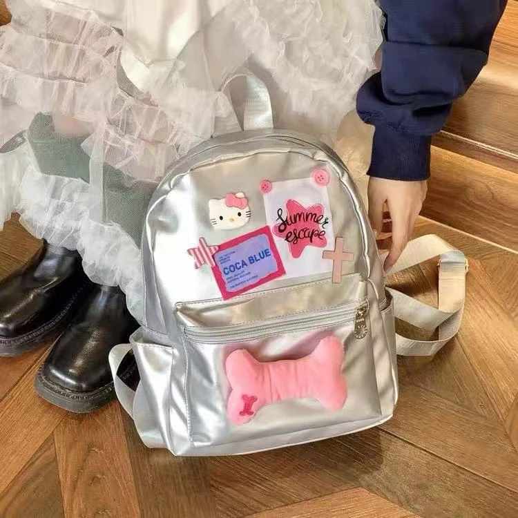 ins原创辣妹骨头kitty粉色星星双肩包背包皮质潮流休闲校园书包包