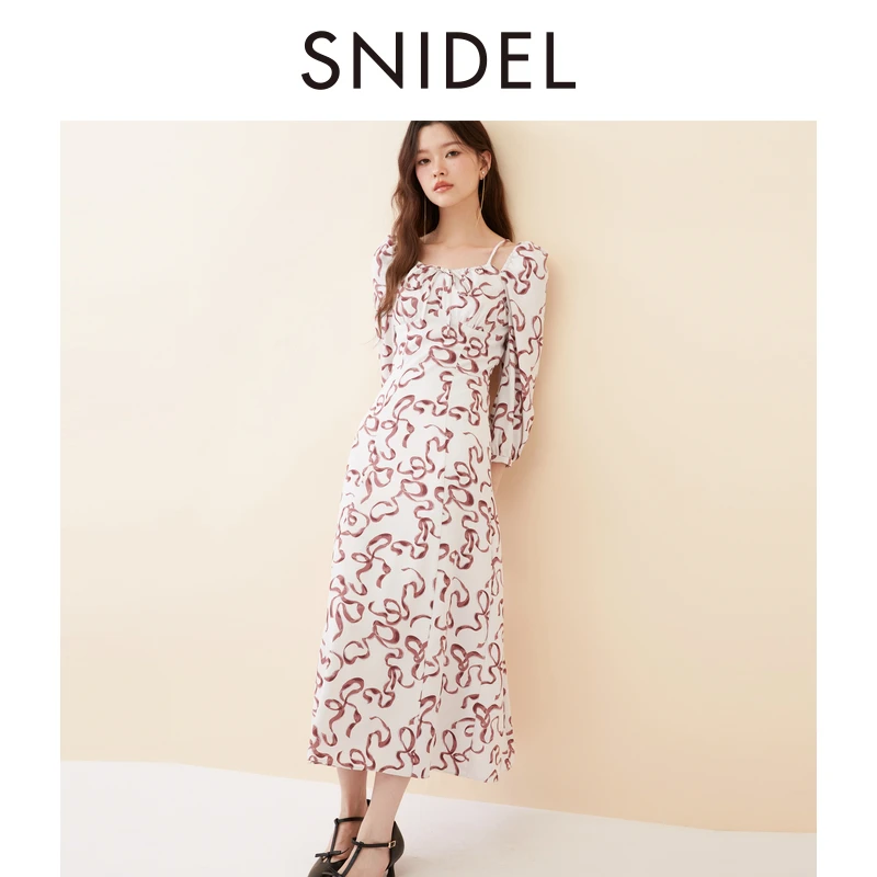 SNIDEL2025春夏新品气质钻石领一字肩蝴蝶结印花连衣裙SWFO251033