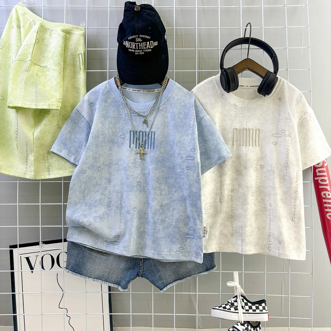 2025个性刺绣扎染夏款ins潮童T恤 夏季百搭宽松上衣