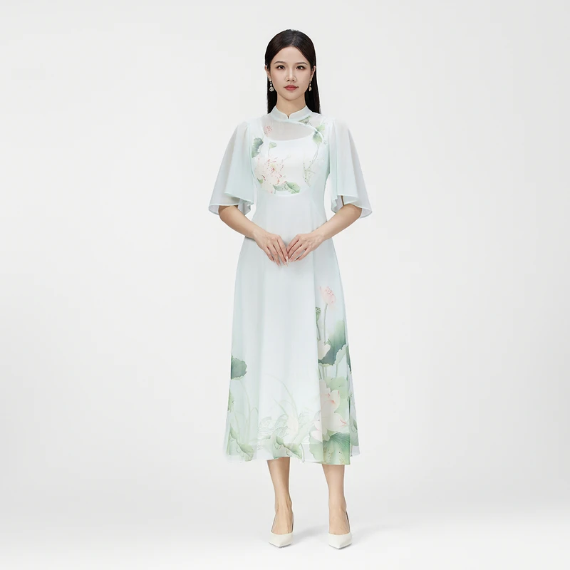 SUSSI/古色【青莲观月】中式立领中国风中长袖印花经典X型连衣裙