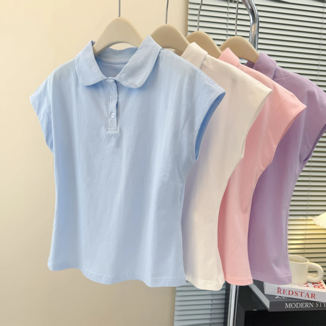 夏季新款学院风小众翻领飞飞袖短袖T恤女2025POLO领宽松纯色上衣