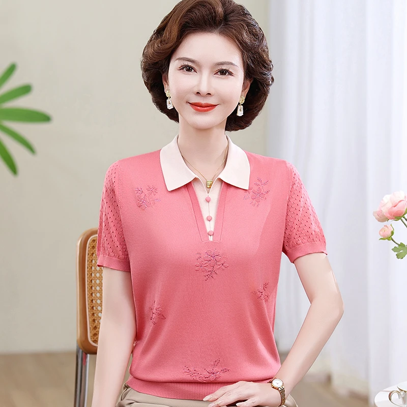 妈妈装2025夏季新款冰丝提花时尚短袖大码针织宽松洋气女衫