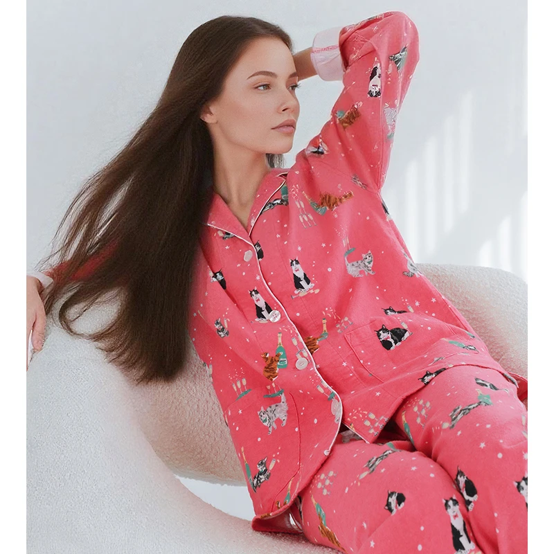 莫里伊【磨毛棉香槟猫咪】小众时尚设计休闲可外穿保暖睡衣家居服