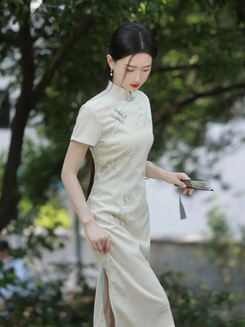 338-米色 竹叶 中长 改良 旗袍