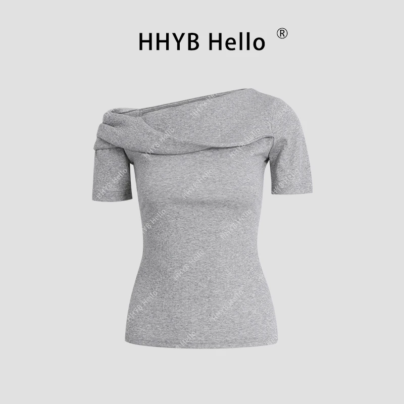 HHYB Hello辣妹扭褶设计斜肩短袖T恤2025新款修身纯欲上衣250099