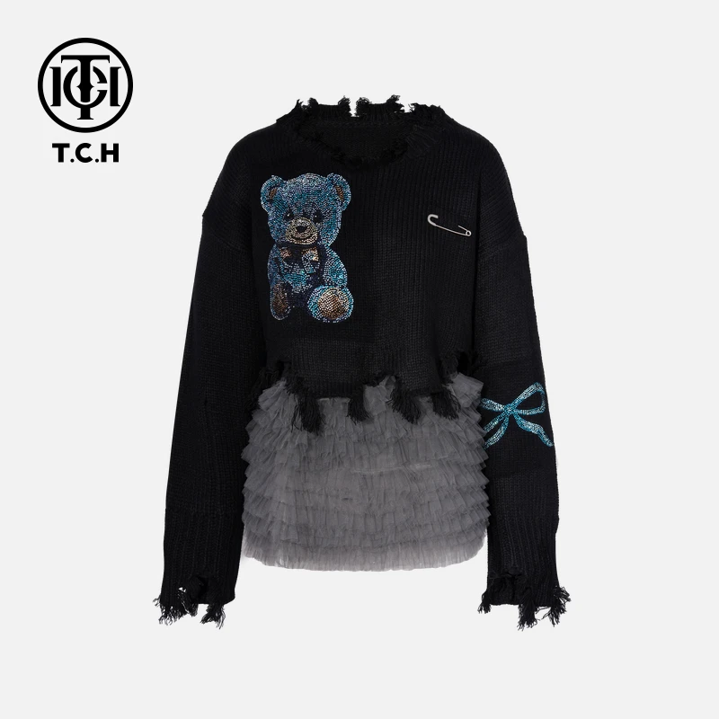 TCH私服秋冬慵懒风烫钻时尚淑女黑色套装女T75C07E5028轻奢tch