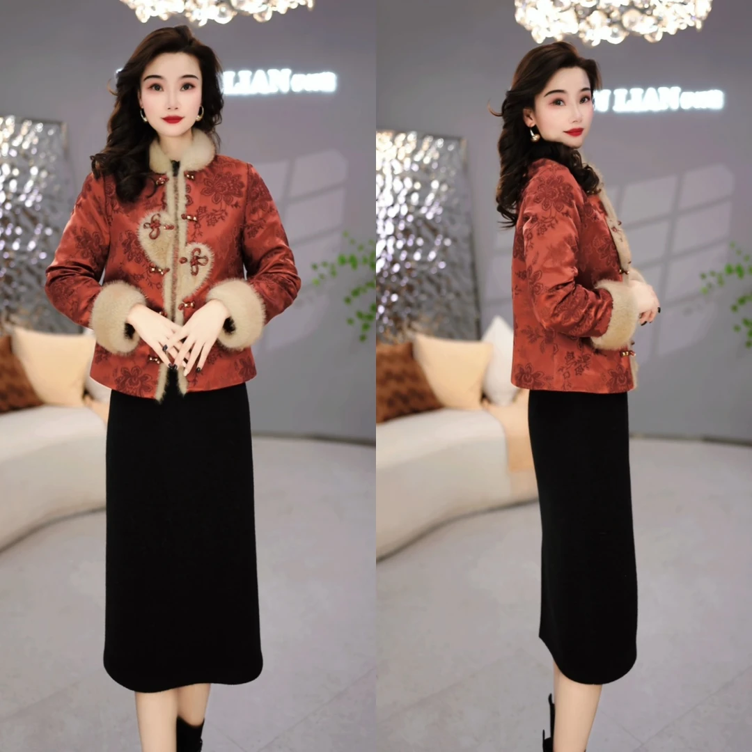 外套+连衣裙 2025冬季时尚女士中式复古红色气质加厚套装裙M-4XL