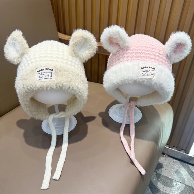 婴儿帽秋冬季男女宝宝加厚针织毛绒帽可爱超萌防风帽保暖套头帽冬