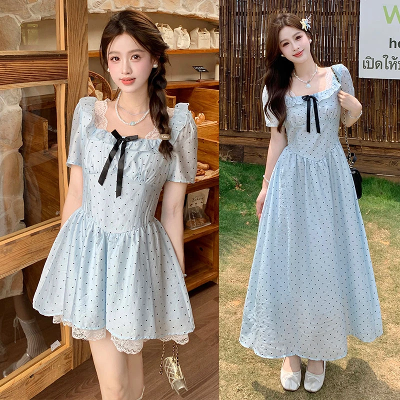 大码胖mm海盐方领波点吊带连衣裙女夏季法式气质a字裙子女