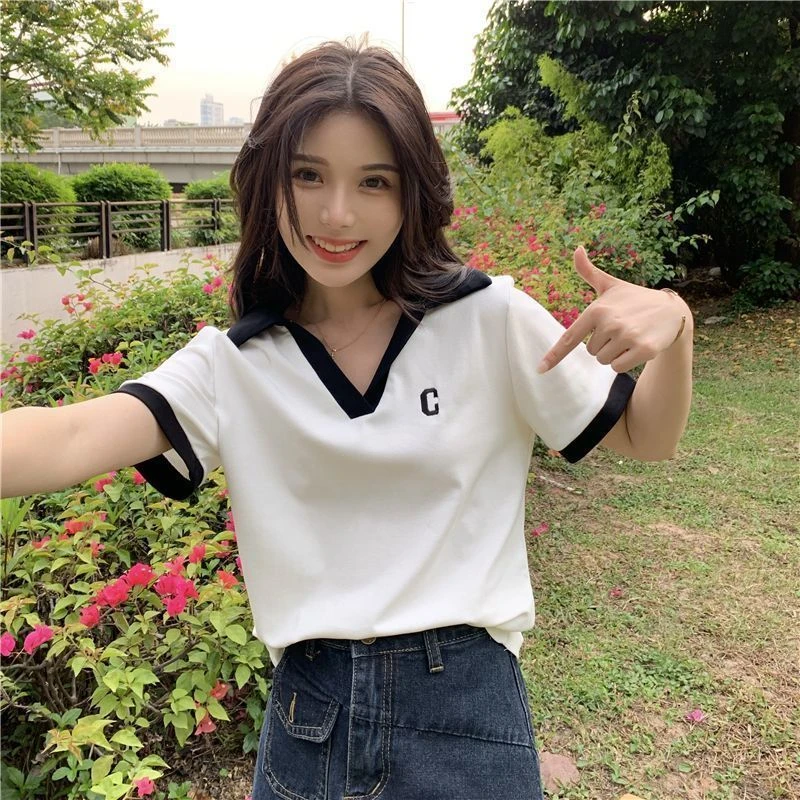 V领含棉短袖T恤女夏季新款小众设Polo翻领上衣计感休闲