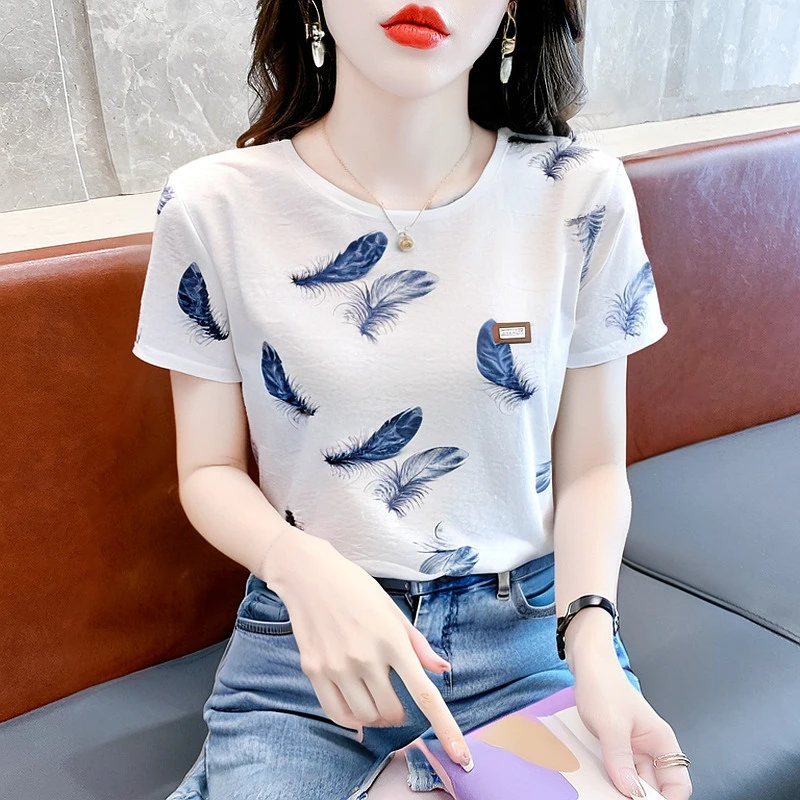 白色印花棉质短袖t恤女夏装2025年新款宽松半袖ins洋气百搭上衣服