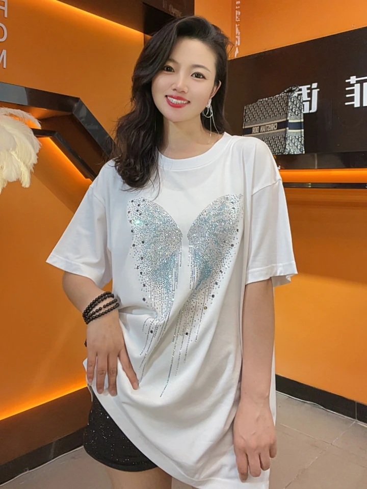 短袖女款爆款2025新款女款尚款洋气宽松大版重工烫钻纯棉夏季女装