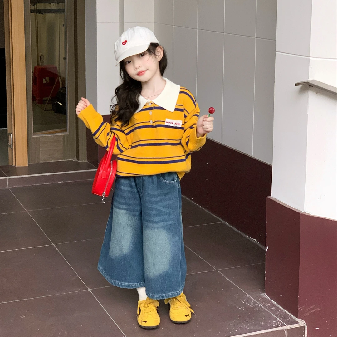 大橙子Studio女童2025冬季款洋气条纹翻领毛衣加绒牛仔阔腿裤套装