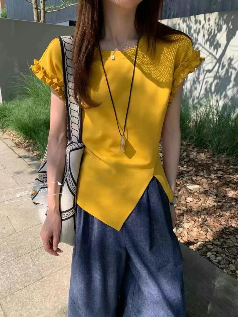 夏季新款后背系带不规则开叉设计上衣时尚减龄气质显瘦短袖T恤女