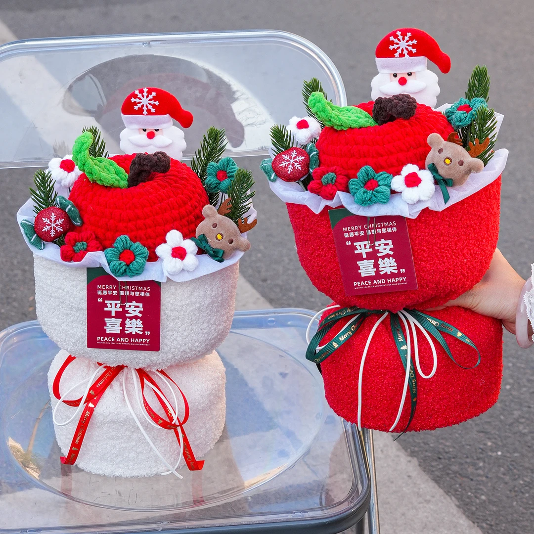 可爱雪人卡通麋鹿玩偶花束钩织苹果毛线花仪式感针织花束成品