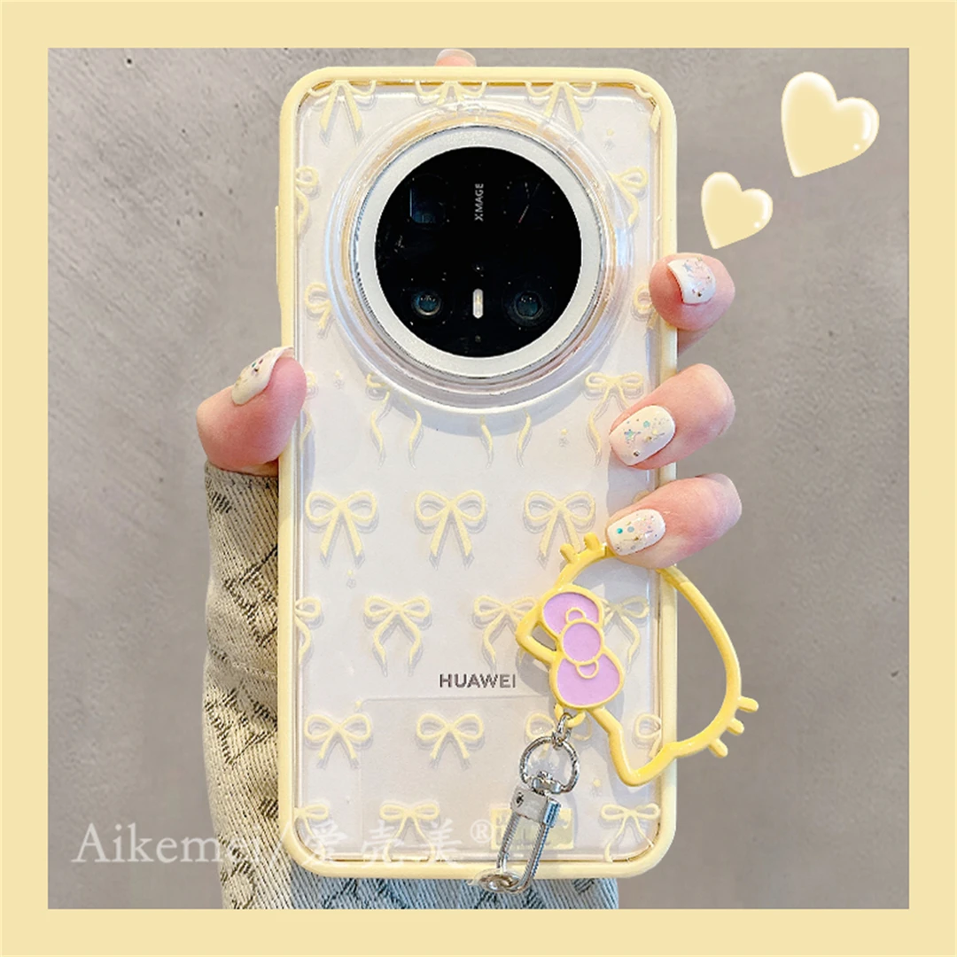 适用华为mate70pro+手机壳透明二合一mate60pro+蝴蝶结kt猫挂件女