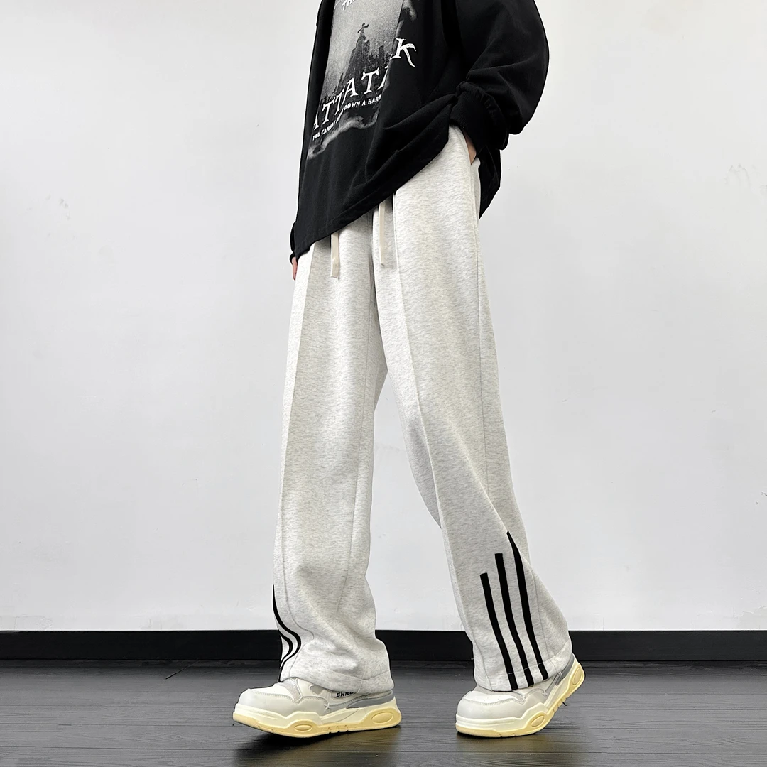 三条杠条纹卫裤男25款夏季新款美式潮流阔腿休闲裤宽松运动直筒裤