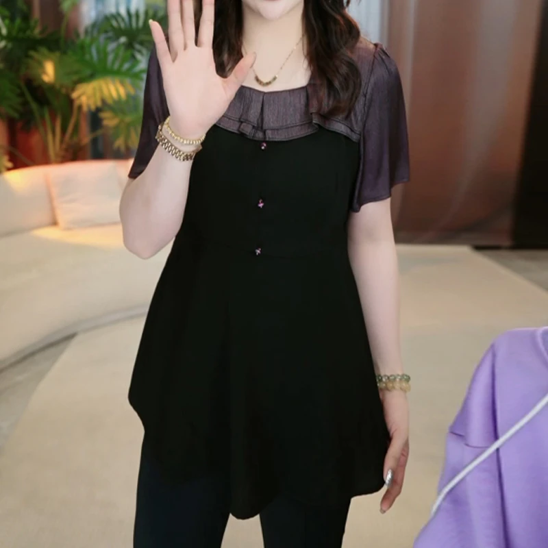 法式高端拼接褶皱边方领衬衫女新款优雅时髦收腰显瘦百搭胖mm上衣