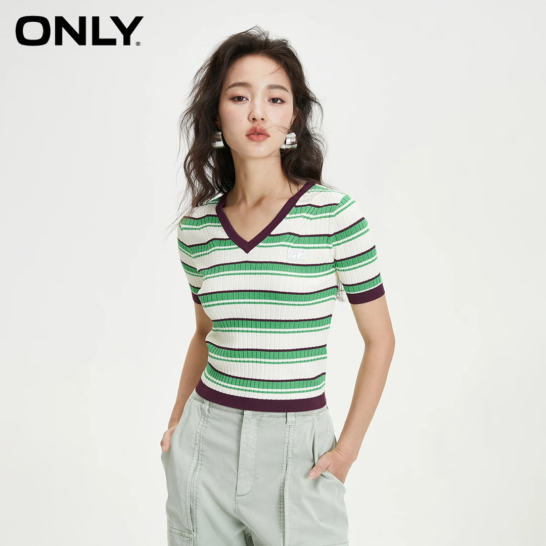 【金拐子专属】ONLY时尚运动修身短款短袖V领针织衫女|123324002