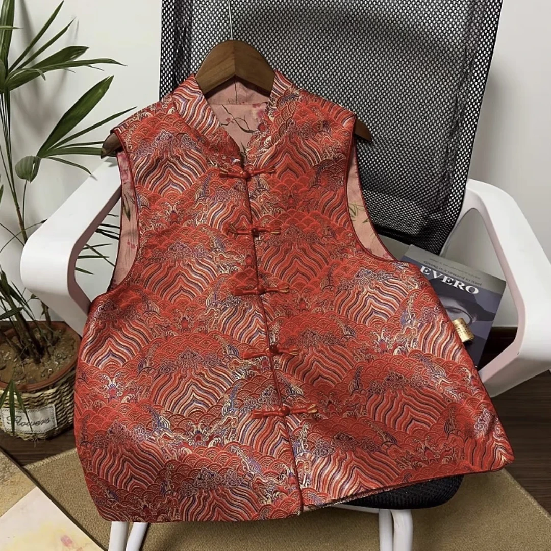 【江崖海水纹】双面穿春季薄新中式提花宋锦缎唐装复古盘扣无袖坎肩