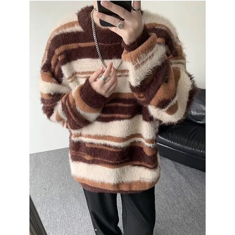 仿貂毛软糯慵懒风毛衣男款秋冬情侣氛围感穿搭条纹撞色针织衫线衣