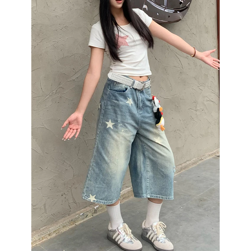 大码水洗宽松阔腿七分牛仔中裤女夏季新款复古星星印花做旧休闲裤