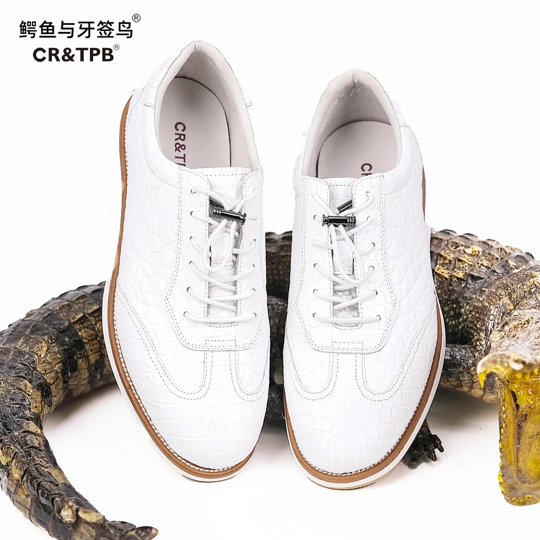 鳄鱼与牙签鸟全鳄鱼真皮白色肚皮男士休闲鞋 轻便系带小白鞋0413C