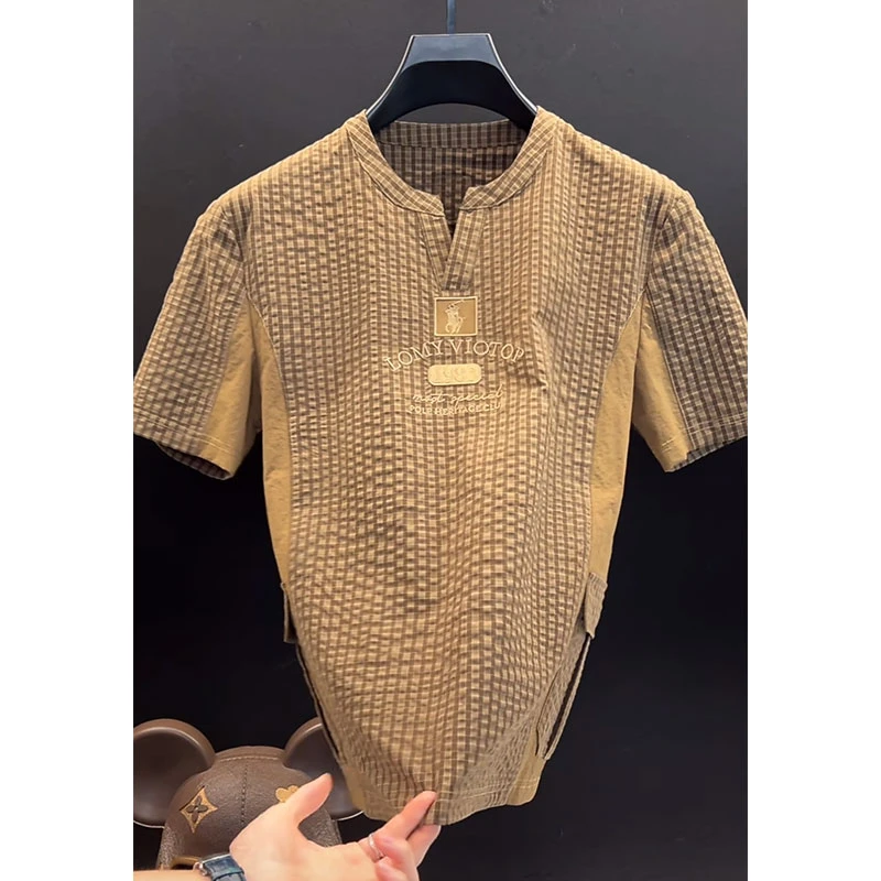 欧货轻奢高定大牌男装T恤2025夏新款人马字母刺绣休闲格纹Polo衫