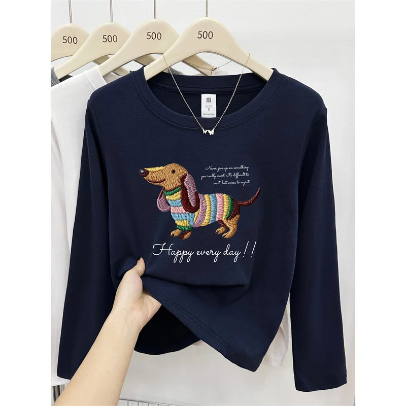 趣味小狗印花正肩长袖t恤女胖mm大码抓绒保暖圆领打底衫外穿上衣