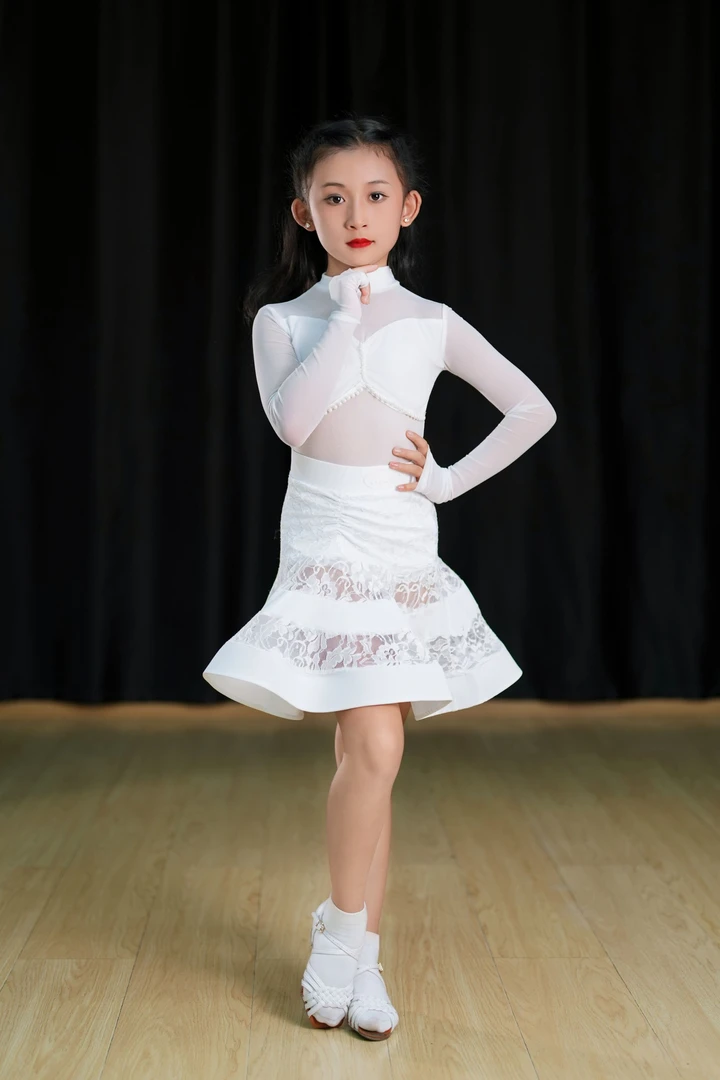 新款拉丁舞服装女童秋冬练功服网纱拼接演出服