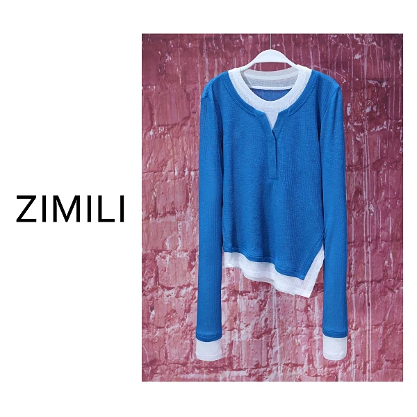 【亮哥女装】2025早秋新品宝石蓝拼接不规则下摆高弹爽肤衣8653-A3