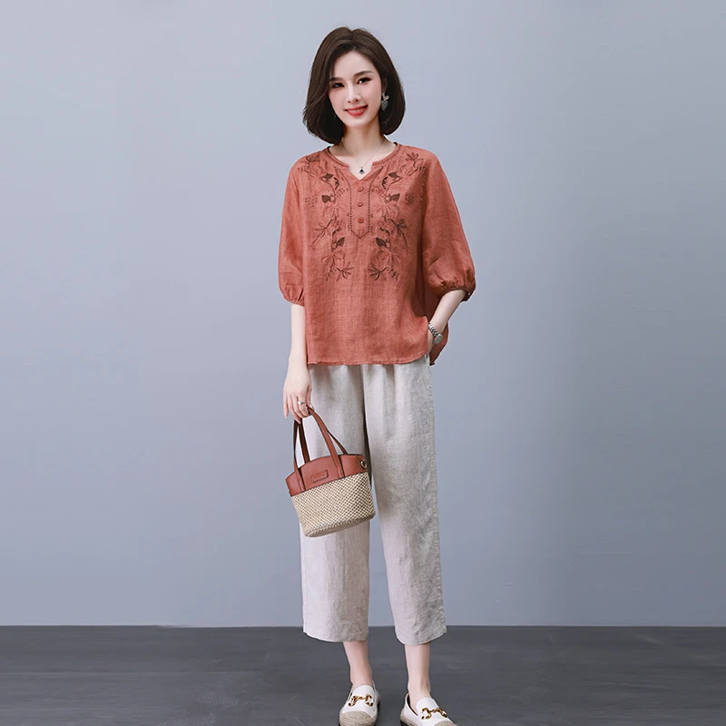 五分袖苎麻套装女2025夏季新款小个子大码休闲上衣妈妈亚麻两件套
