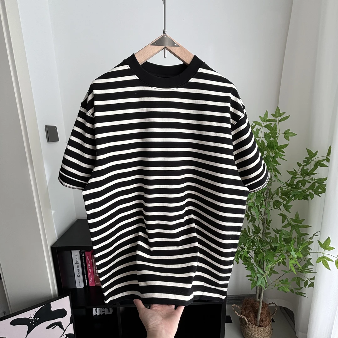 潮牌春夏短袖T恤男ins韩版条纹撞色宽松青年帅气纯棉半袖潮上衣男