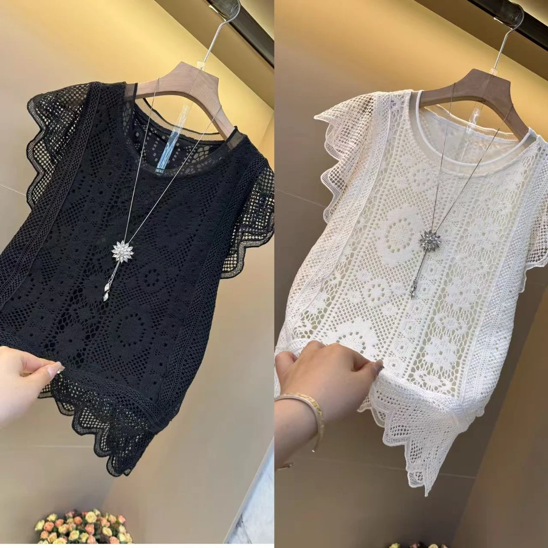 夏季新款蕾丝无袖镂空波浪边小衫