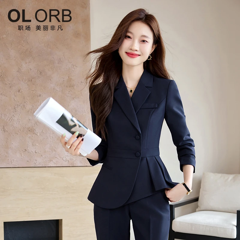 藏青色高级感职业西装套装女早春新款时尚不规则工作服西服