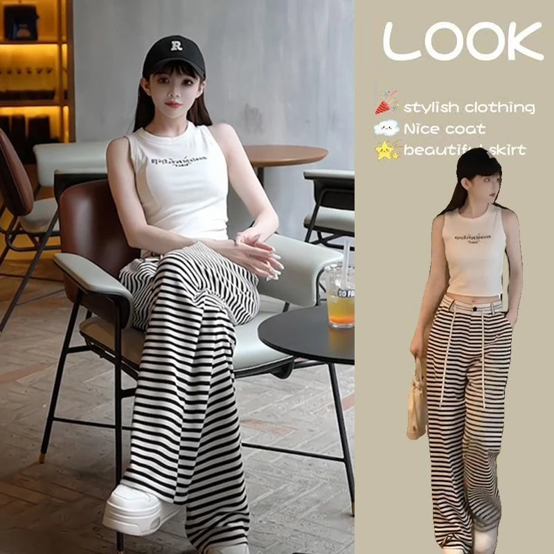 裤子阔腿裤女2025年新款夏季薄款女裤长裤宽松休闲条纹直筒裤女装