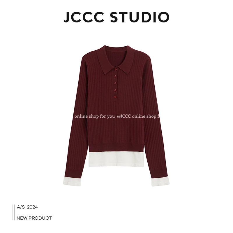 JCCC影子 酒红色假两件拼接POLO领针织打底衫JE4FZS18